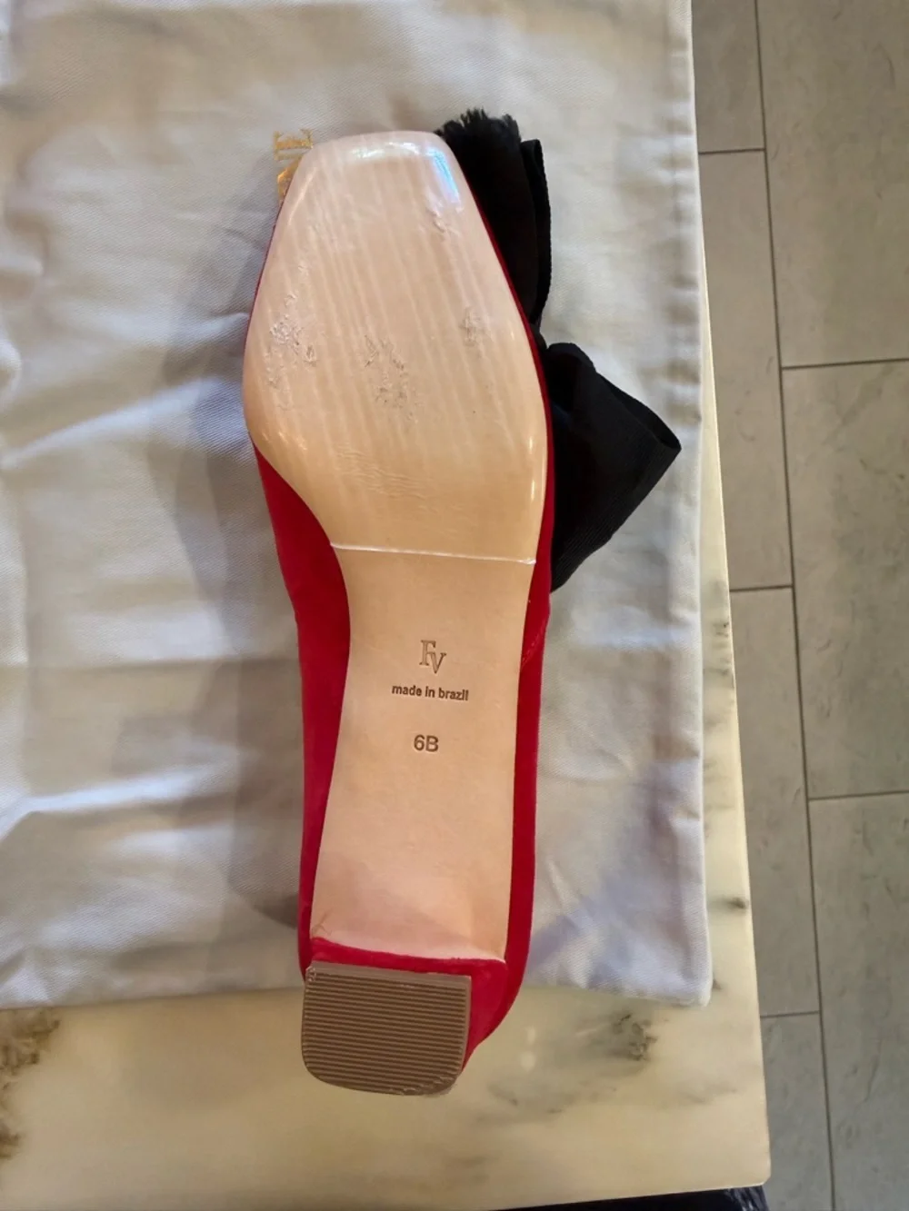 Frances Valentine Red Suede Pointed Toe Flats with Black Bow